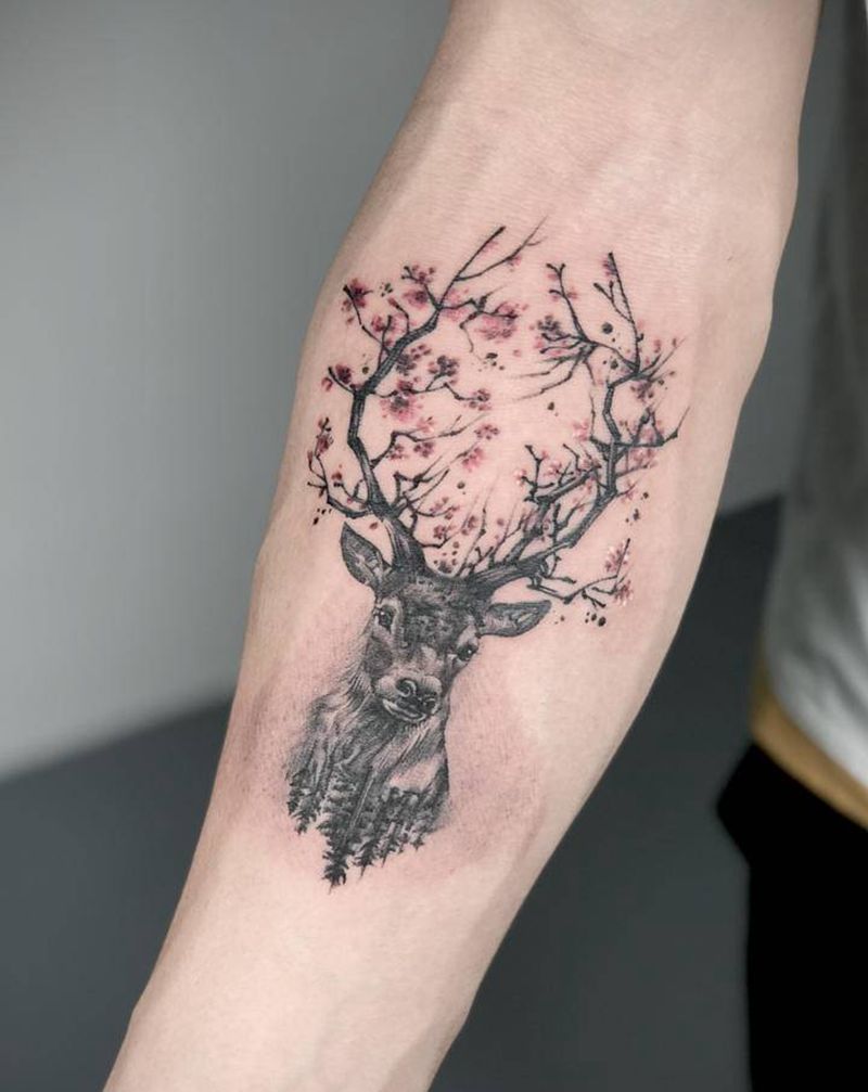 鹿遮盖纹身图片_手臂点刺遮盖纹身图案