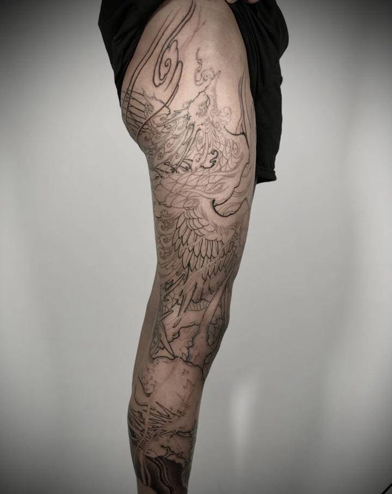 花腿未完成纹身图片_腿部新传统纹身图案