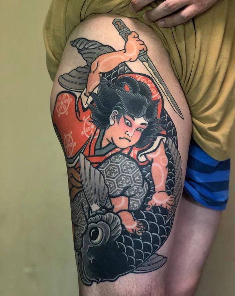 西塔鬼诺丸·唐龙毛毛纹身图片_腿部老传统纹身图案