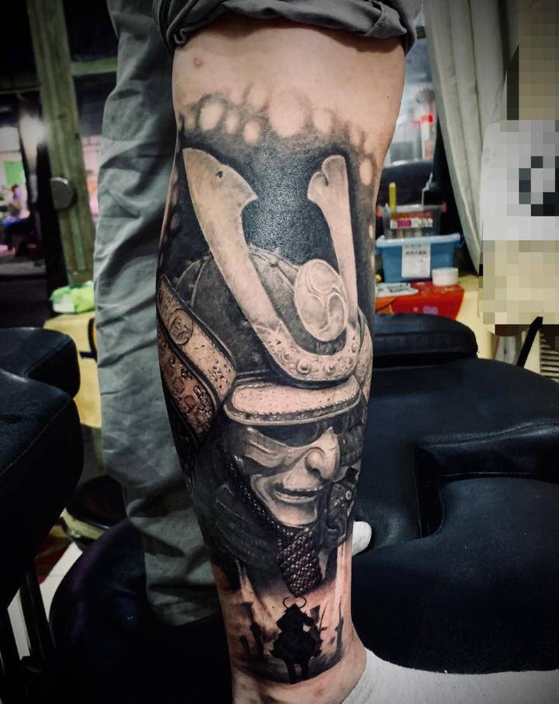 鬼武士纹身图片_腿部欧美写实纹身图案