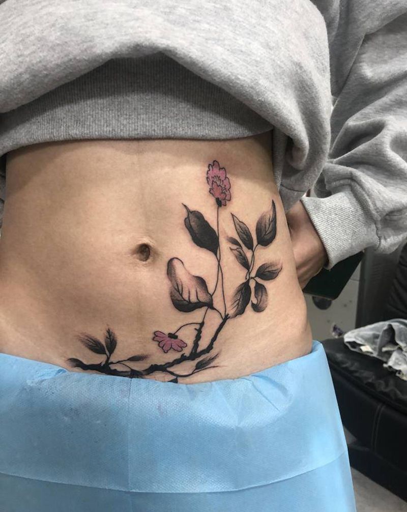 遮盖剖腹产疤痕纹身图片_腹部纹身图案