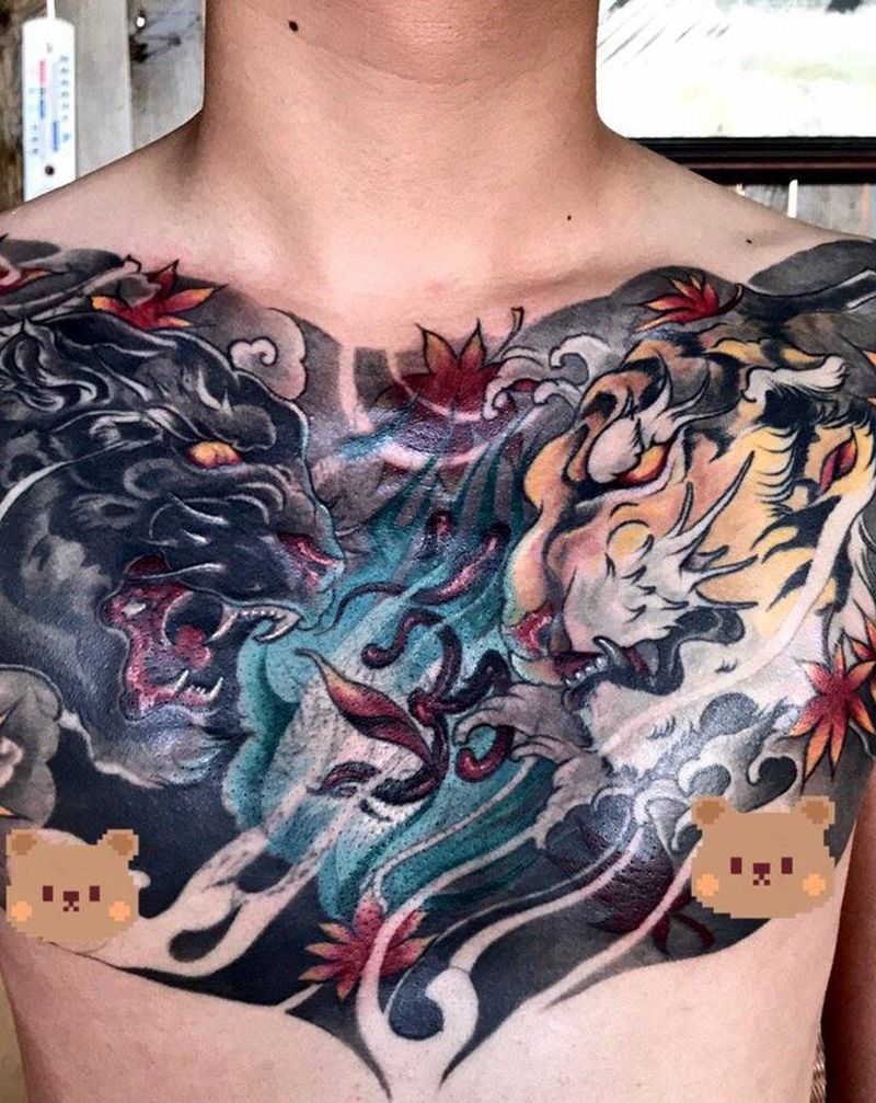 虎豹纹身图片_胸部纹身图案
