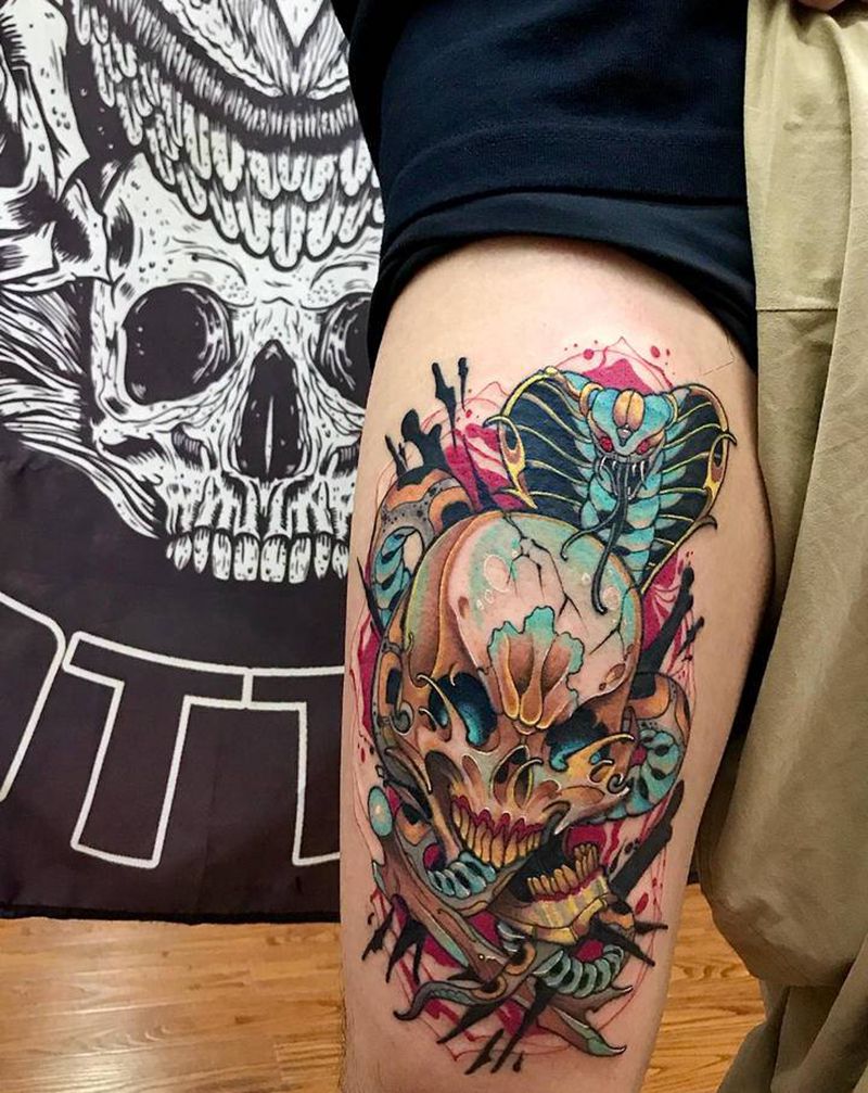 骷髅纹身图片_腿部纹身图案