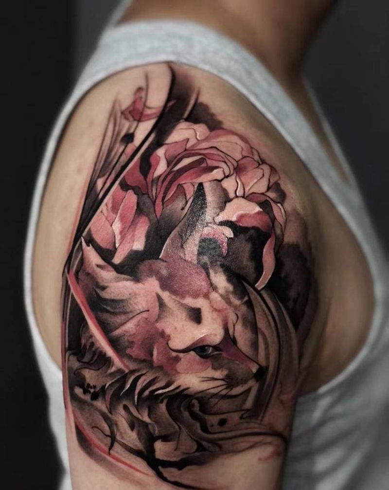 狐狸➕彼岸花纹身图片_水彩纹身图案