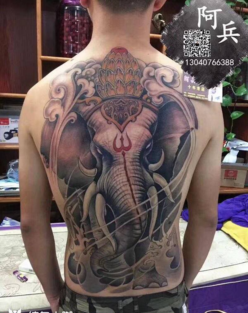 象神纹身图片_背部纹身图案