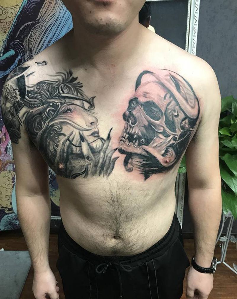 欧美花胸纹身图片_胸部欧美写实肖像 骷髅纹身图案