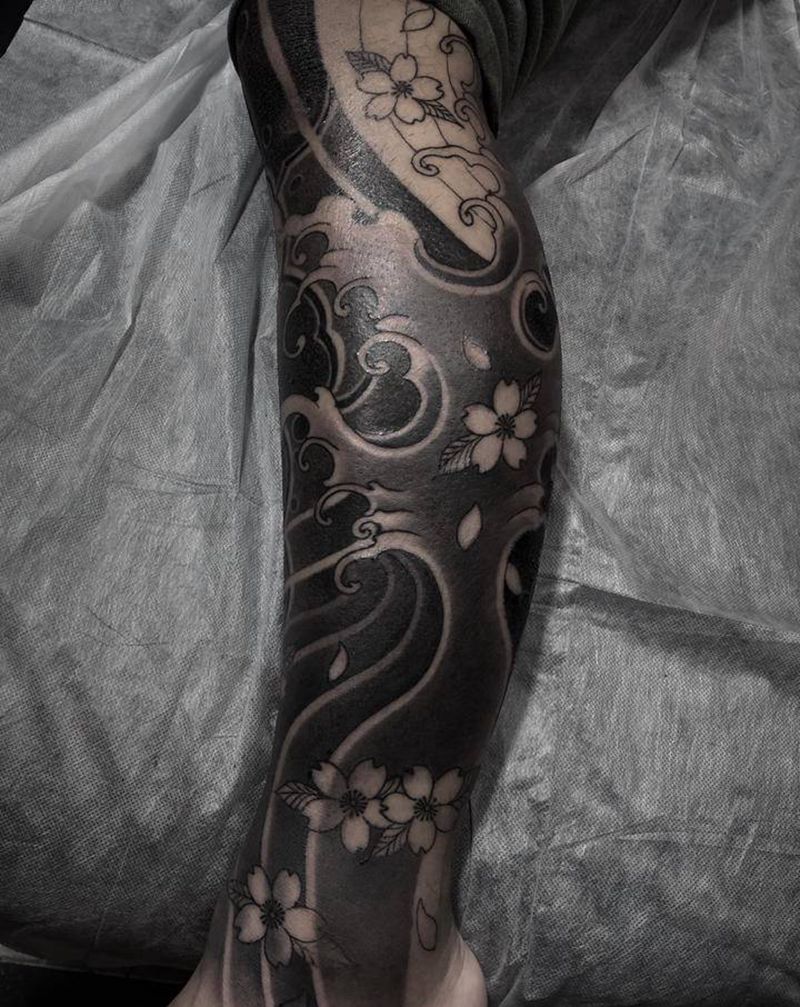 小腿水浪纹身图片_脚部腿部新传统纹身图案