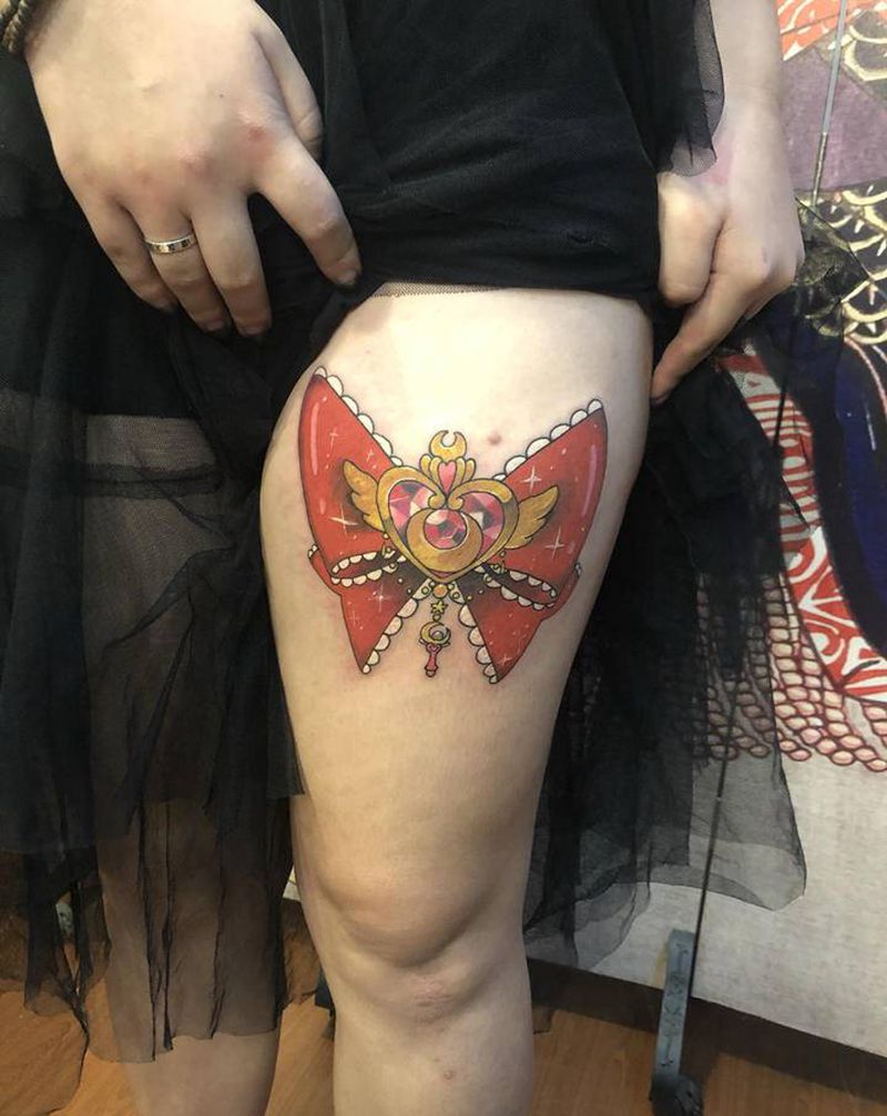 蝴蝶结纹身图片_腿部New School蝴蝶结纹身图案