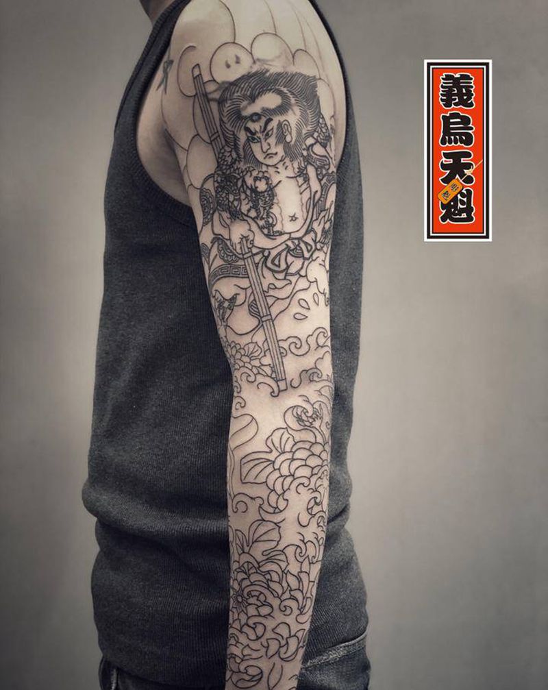 花臂九纹龙史进 线条完成纹身图片_手臂手部老传统纹身图案