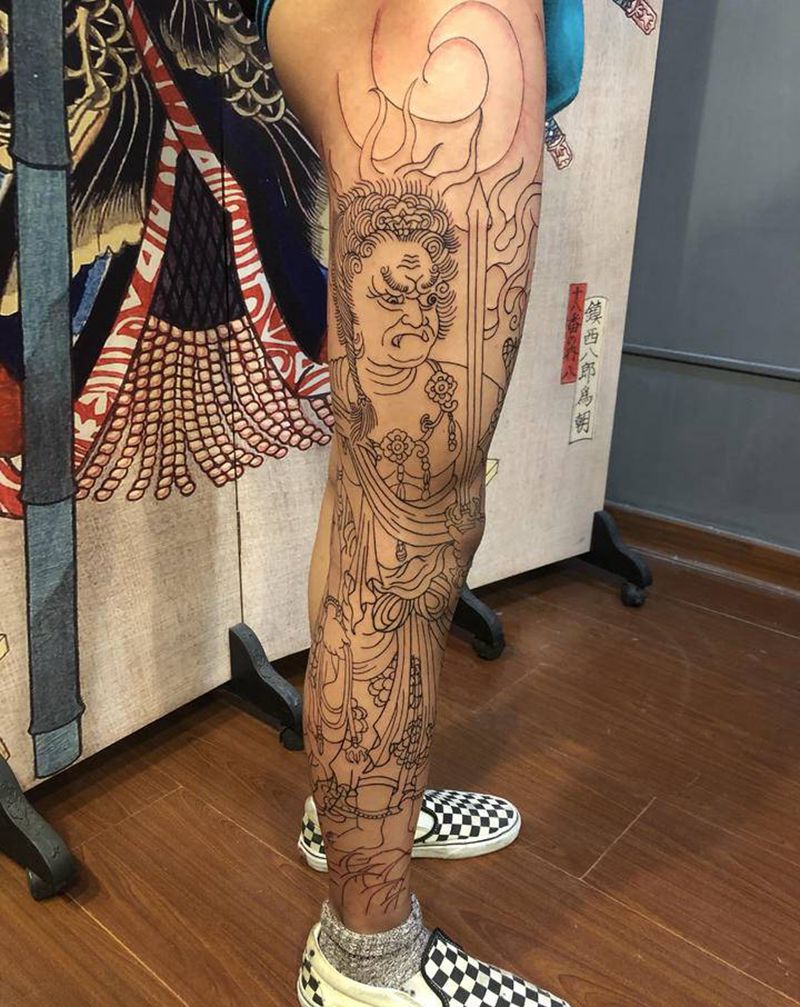 不动明王花腿纹身图片_腿部老传统不动明王花腿老传统纹身图案