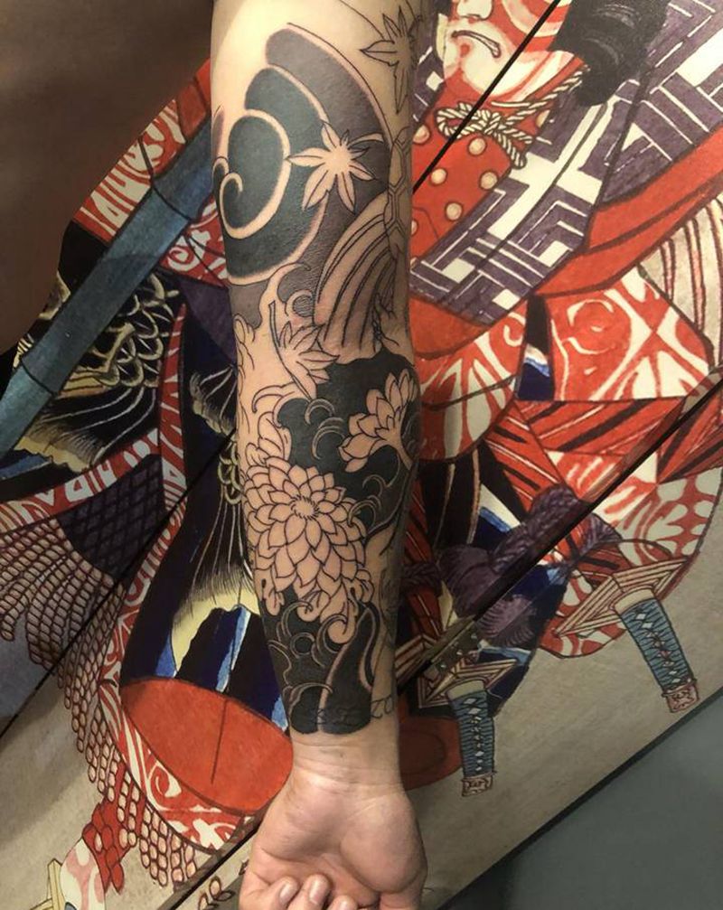 花臂遮盖纹身图片_手臂老传统日式老传统花臂鱼纹身图案