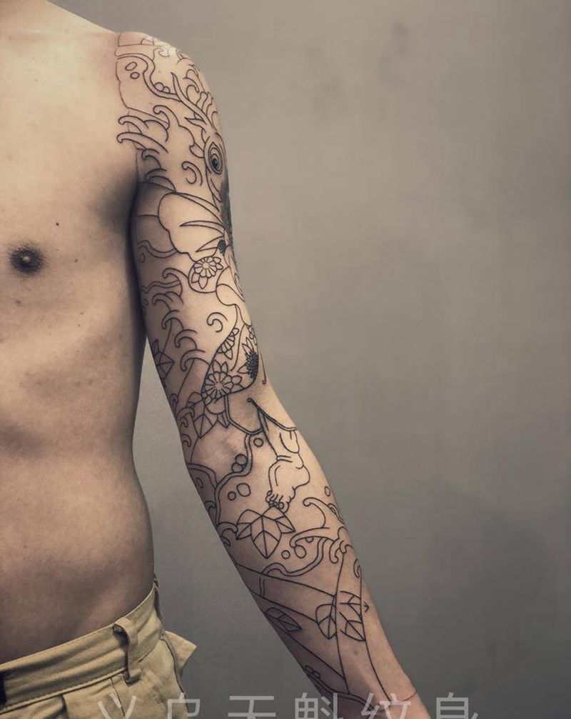 老传统花臂线条完成纹身图片_手臂手部老传统纹身图案