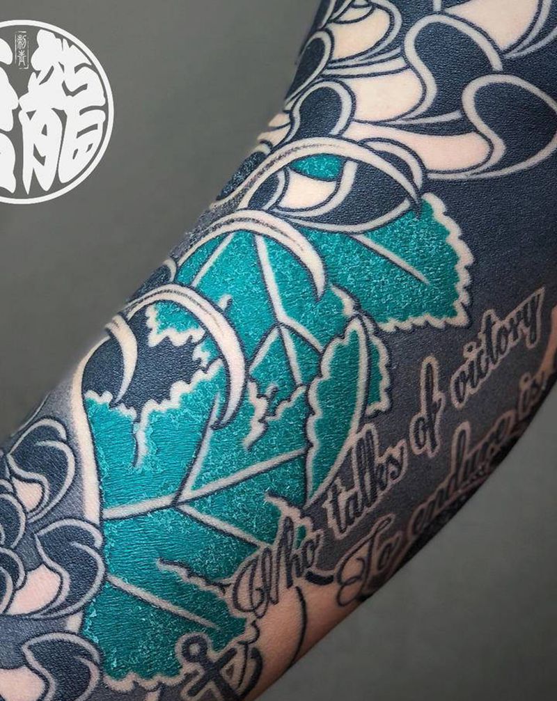 圆针技法恢复效果纹身图片_手臂老传统菊花纹身图案