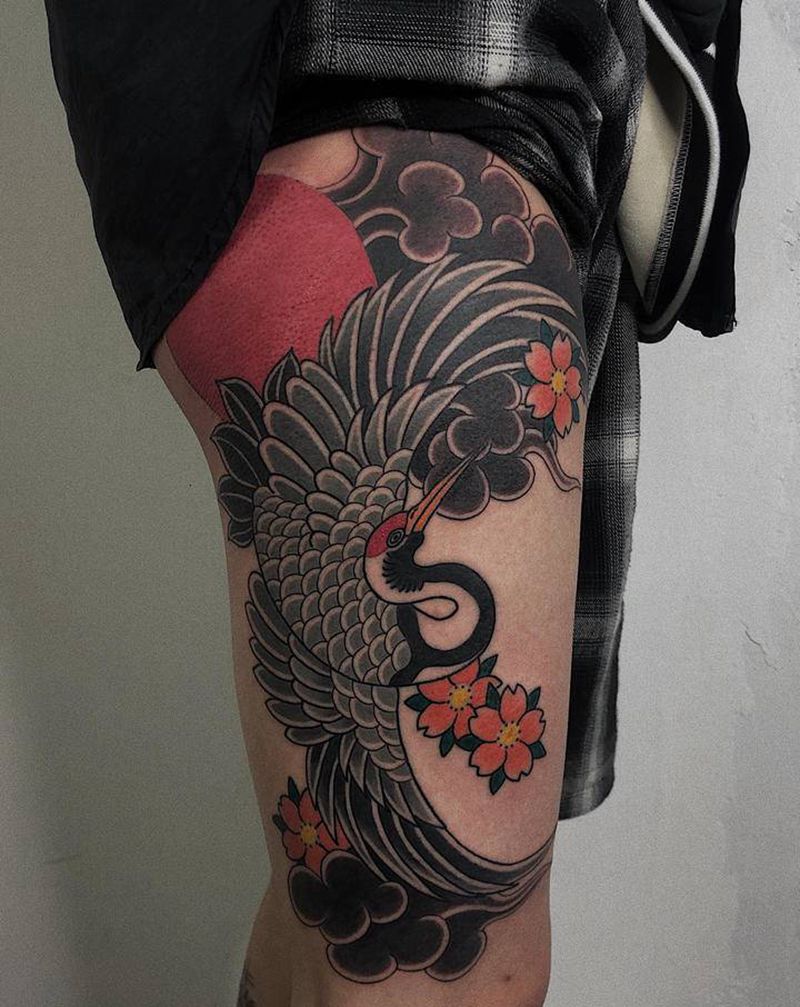 鹤纹身图片_腿部老传统纹身图案