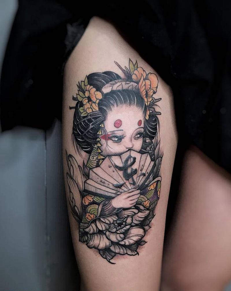 艺妓纹身图片_腿部纹身图案