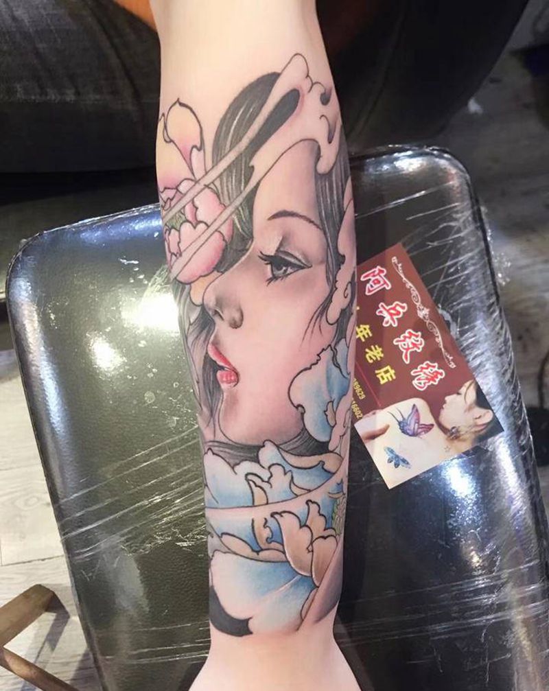 艺妓纹身图片_手臂新传统艺妓美女纹身图案