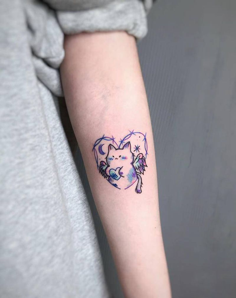 喵纹身图片_手臂水彩纹身图案