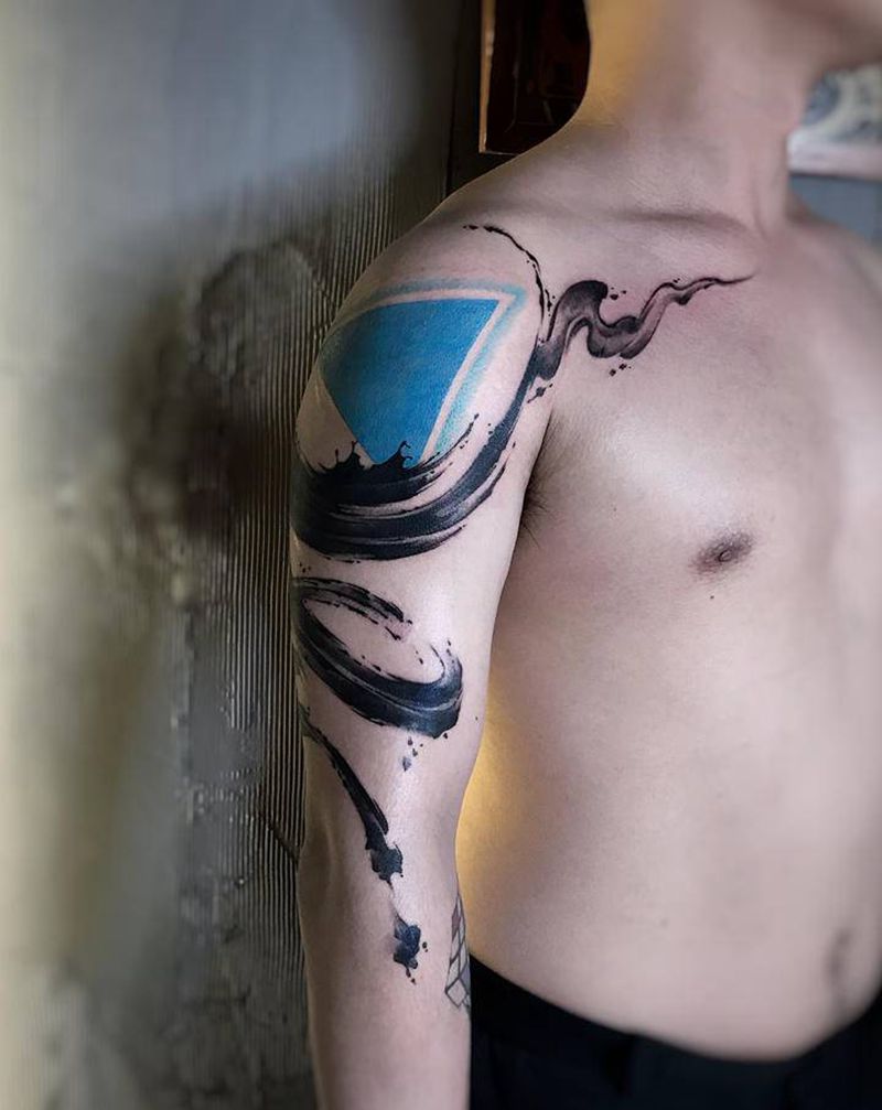 泼墨笔触纹身图片_手臂水墨几何泼墨书法笔触纹身图案