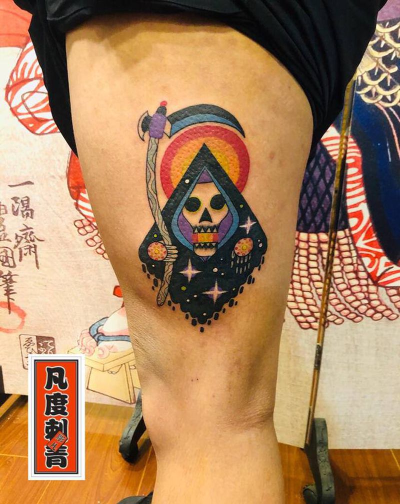 死神纹身old school纹身图片_腿部Old School死神镰刀old school纹身图案