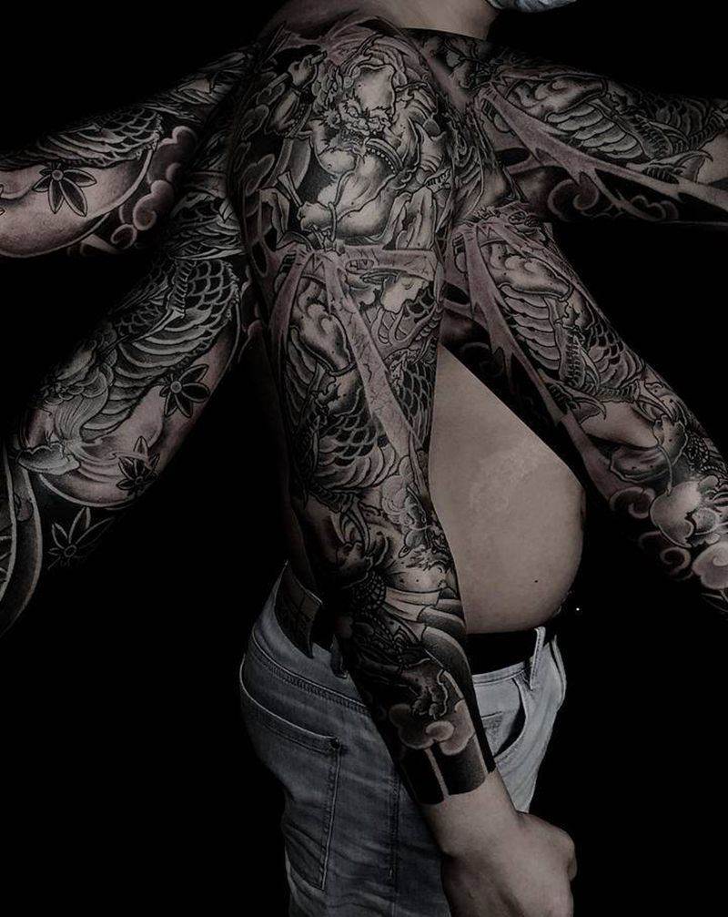 风雷花臂纹身图片_手臂新传统纹身图案