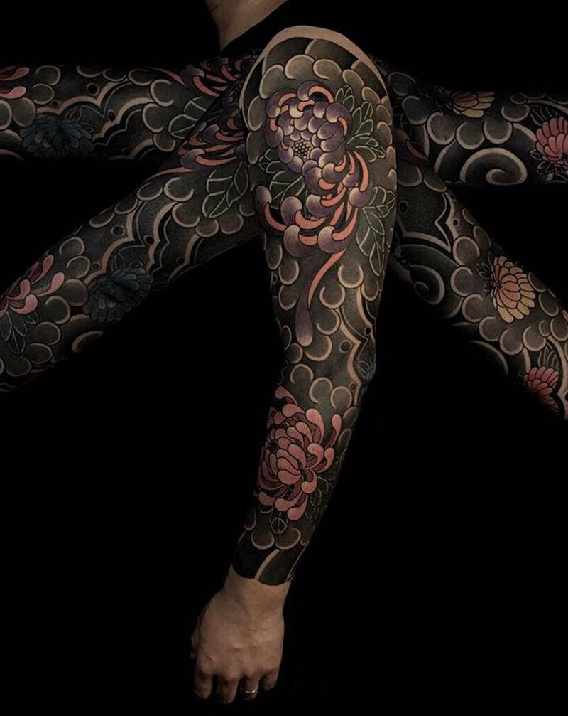 菊花花臂纹身图片_手臂老传统纹身图案