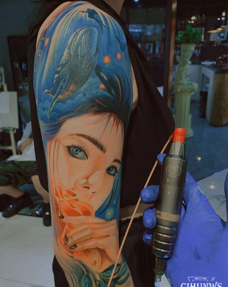 CH纹身笔一体机 神机纹身图片_腿部欧美写实新传统纹身图案