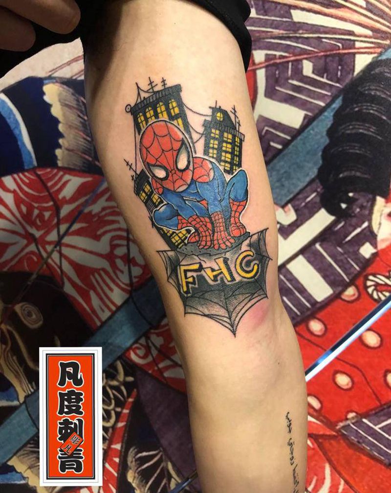 蜘蛛侠纹身图片_手臂新传统New School蜘蛛侠纹身图案