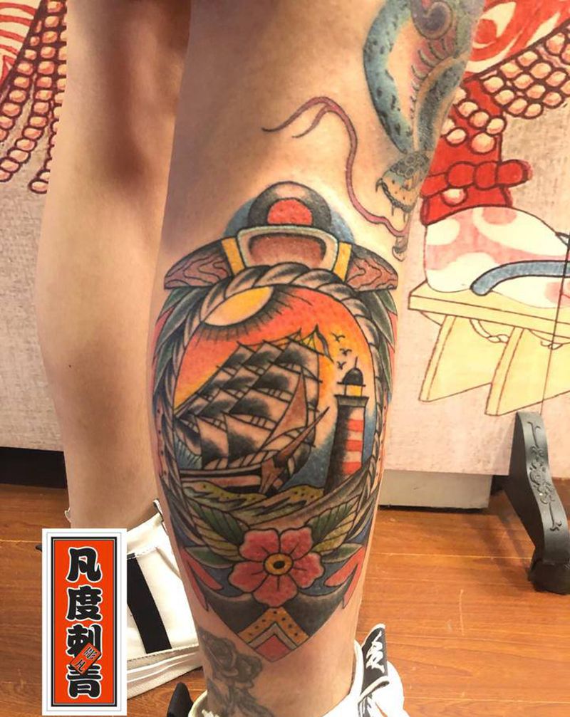 old school帆船纹身图片_腿部Old School帆船纹身图案