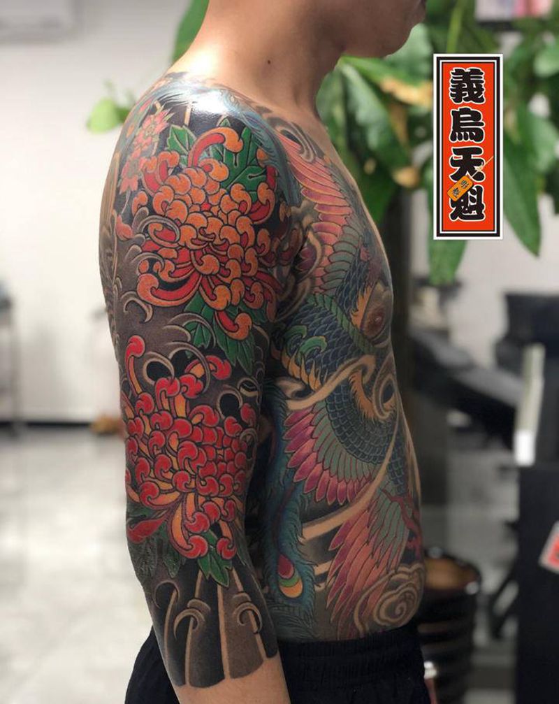 菊花七分袖❤️全程圆五针完成✅纹身图片_手臂手部老传统纹身图案