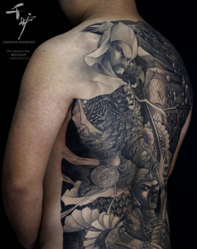 风雪山神庙纹身图片_背部新传统纹身图案