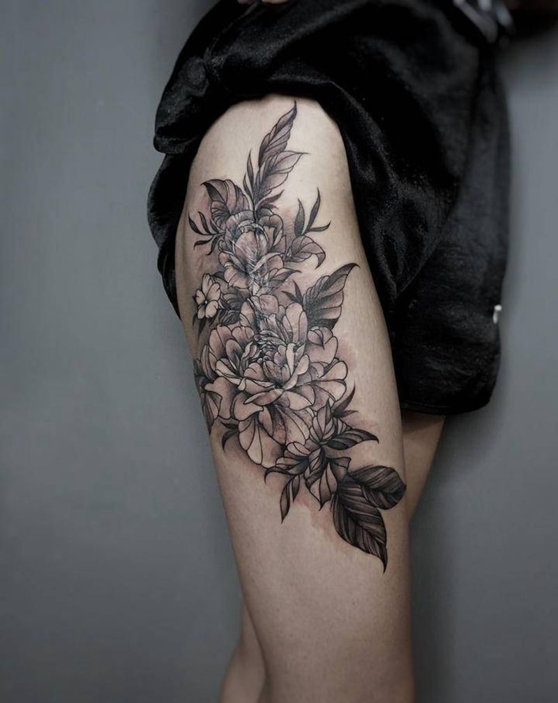 素花疤痕遮盖纹身图片_腿部纹身图案