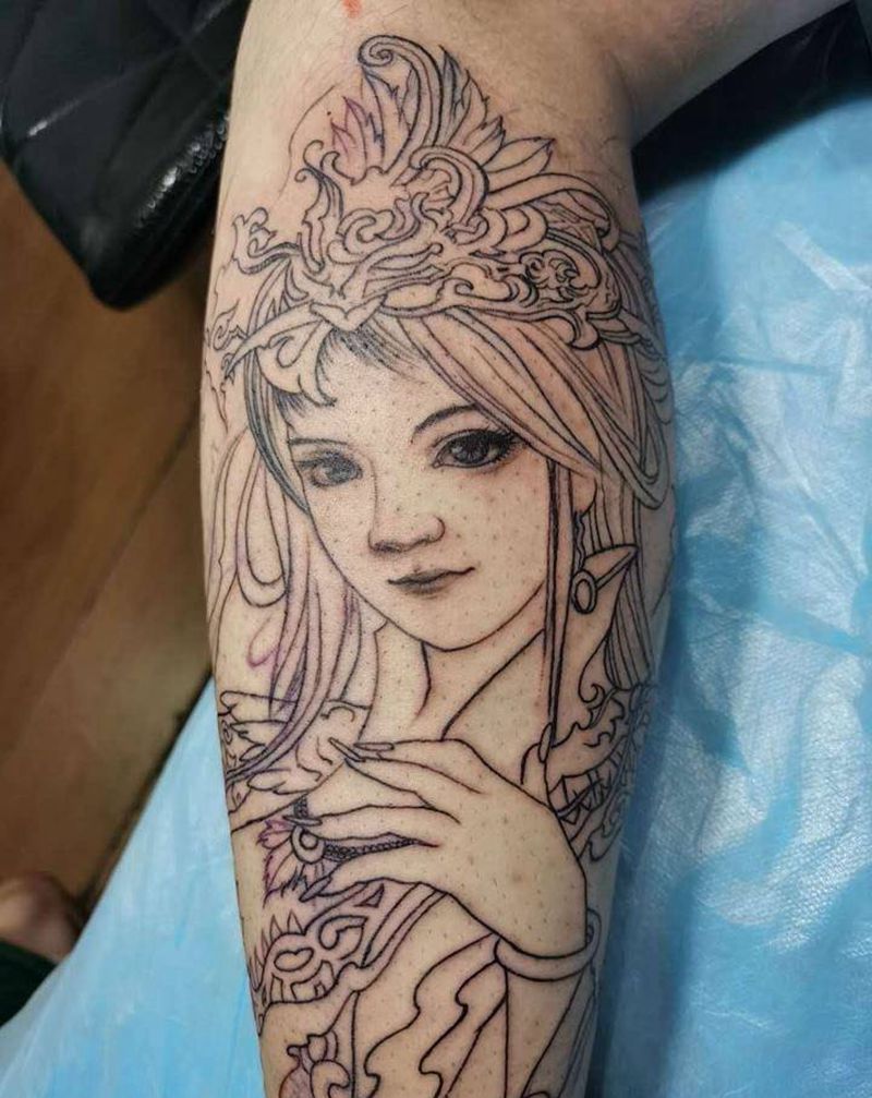 仕女未完成纹身图片_腿部新传统纹身图案