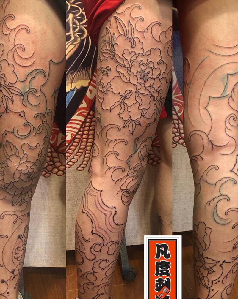牡丹浪花 腿纹身图片_腿部新传统花腿牡丹海浪纹身图案