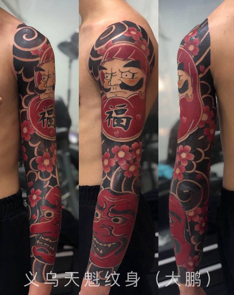 达摩蛋、天狗、樱花臂纹身图片_手臂手部老传统纹身图案