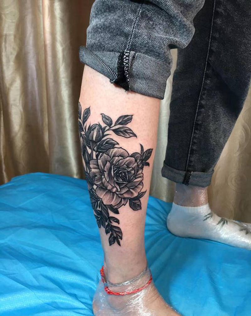 素花作品纹身图片_腿部纹身图案