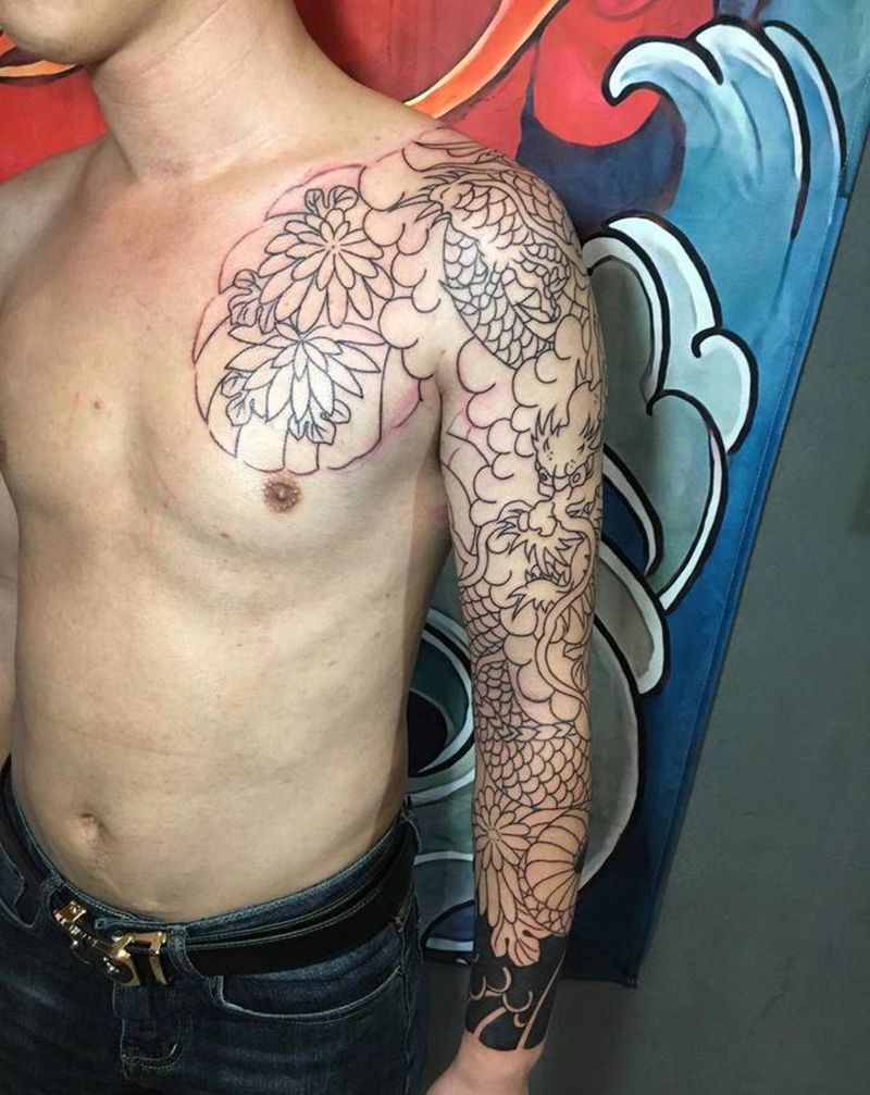 日式纹身图片_颈部肩部老传统欧美写实纹身图案