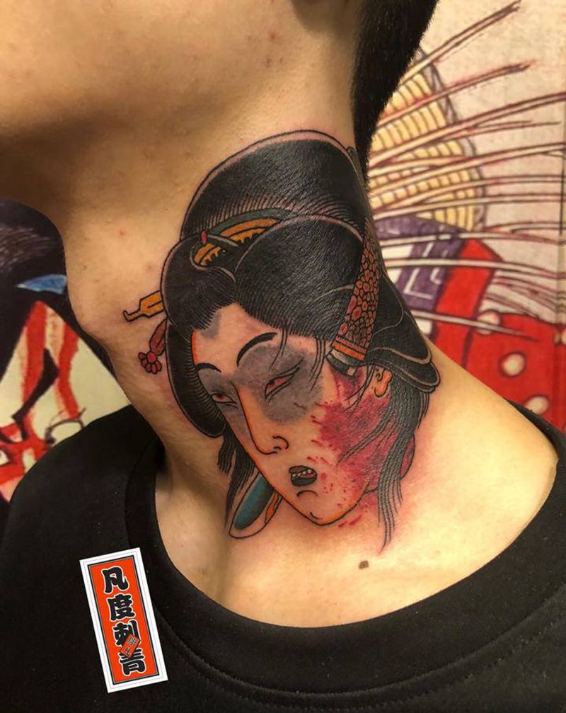 遮盖纹身图片_颈部老传统生首日式遮盖纹身图案