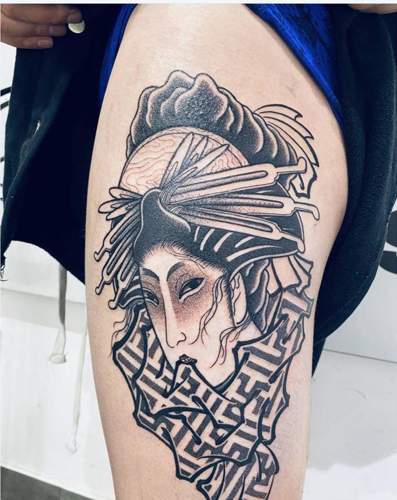 东方黑灰纹身图片_腿部老传统东方黑灰纹身图案