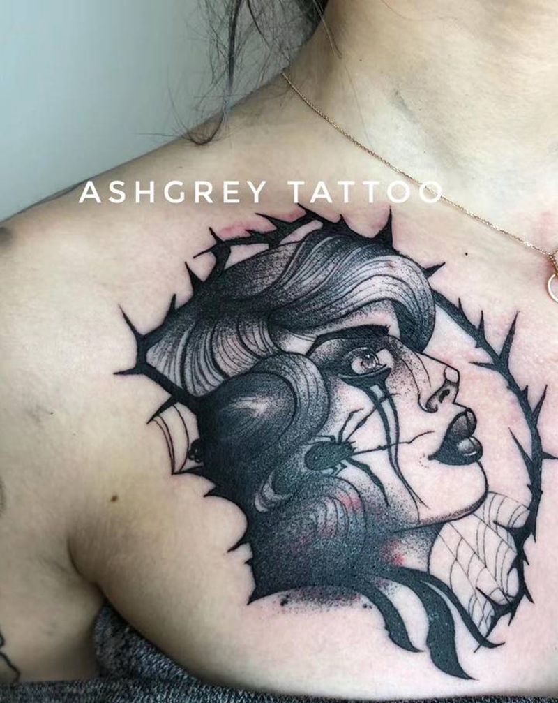 圆三遮盖纹身图片_肩部胸部遮盖纹身图案