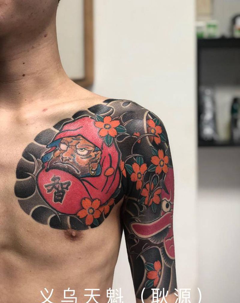 天狗、达摩蛋纹身图片_手臂胸部老传统纹身图案