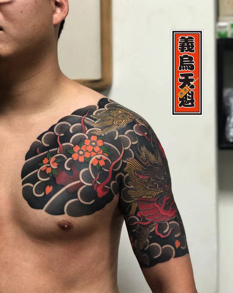 老传统半胛：火麒麟纹身图片_手部胸部老传统纹身图案