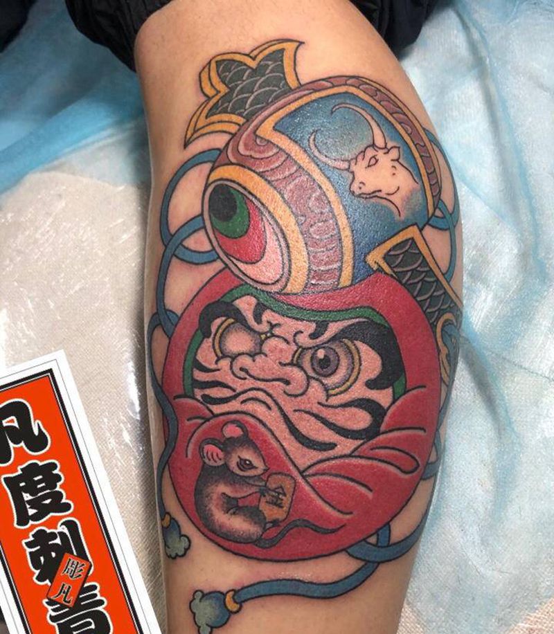 达摩蛋福锤纹身图片_腿部老传统达摩蛋福锤日式老传统纹身图案