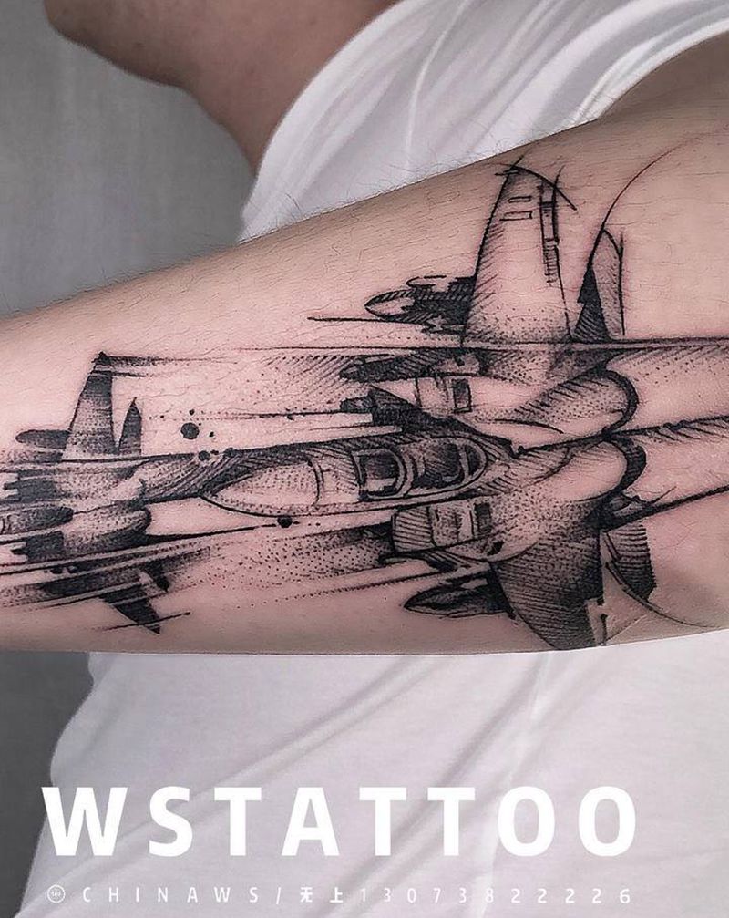 米格战斗机纹身图片_手臂几何纹身图案