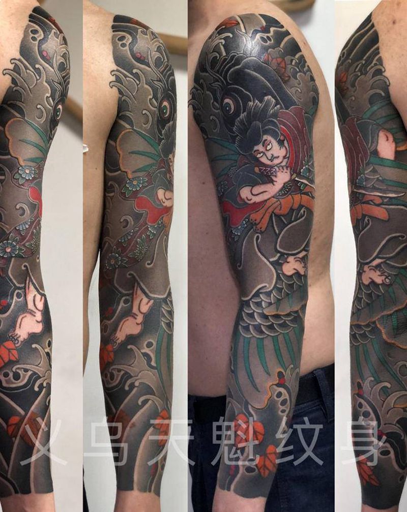天魁全程圆五针作品：鬼若丸纹身图片_手臂手部老传统纹身图案