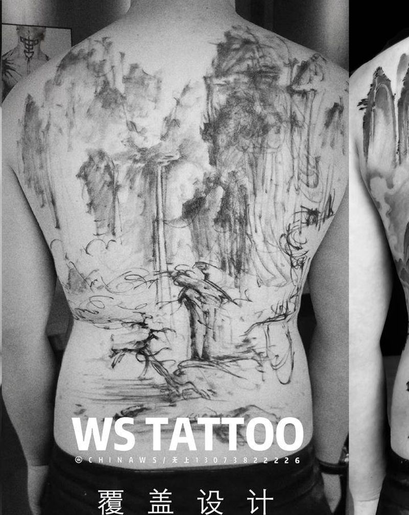 山水纹身图片_背部纹身图案