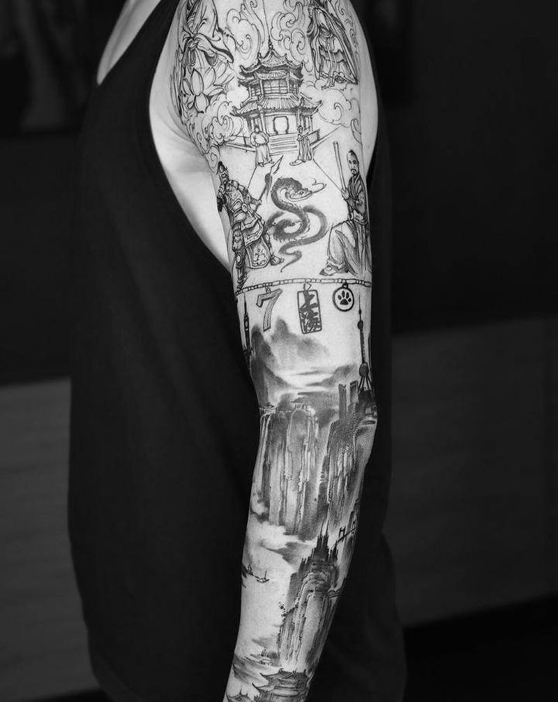 山水纹身图片_手臂水墨纹身图案