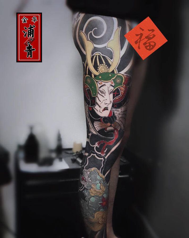 老传统纹身图片_腿部脚部老传统武士唐狮纹身图案
