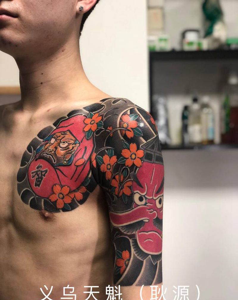 达摩蛋天狗(半胛)纹身图片_手臂胸部老传统半胛达摩蛋天狗纹身图案