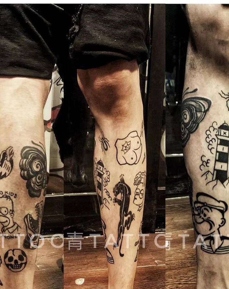 oldschool拼接纹身图片_腿部Old School纹身图案