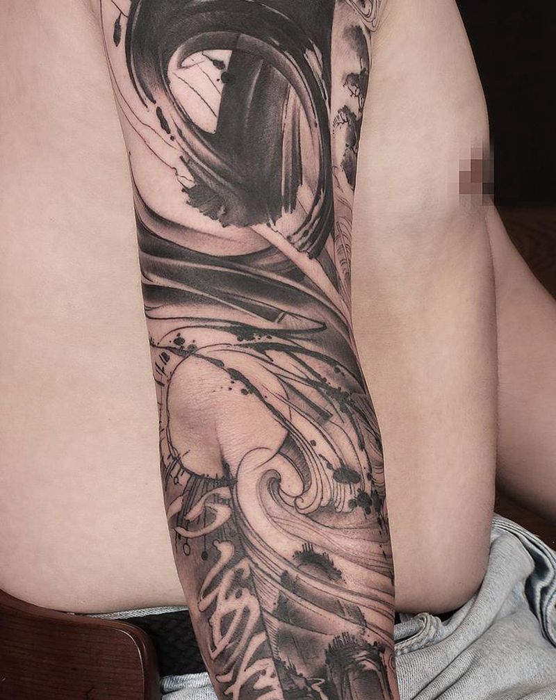 五行纹身图片_手臂水墨书法山水纹身图案